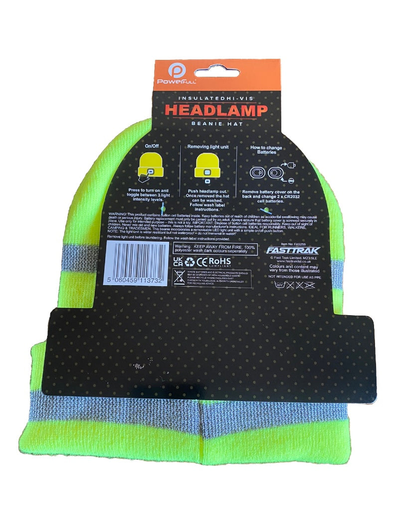 HI Viz Insulated Beanie Hat with LED Battery Headtorch