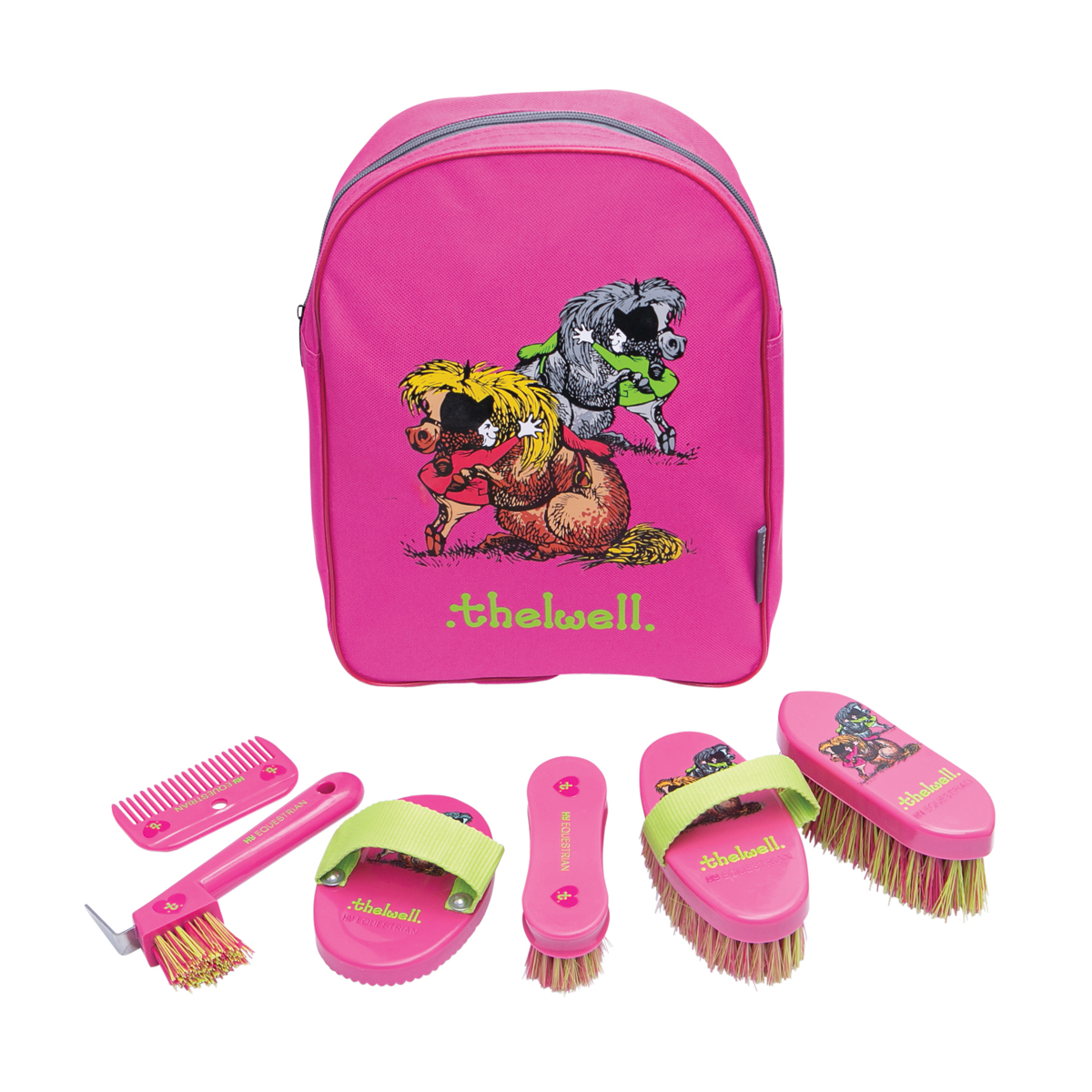 Hy Equestrian - Thelwell Complete Grooming Kit with Rucksack Storage Bag -  Pink / Lime / Hot Pink